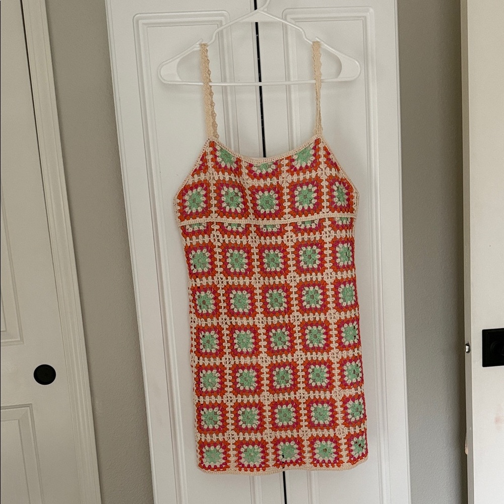 Zara Colorful Crochet Mini Dress - Red, Green, Cream